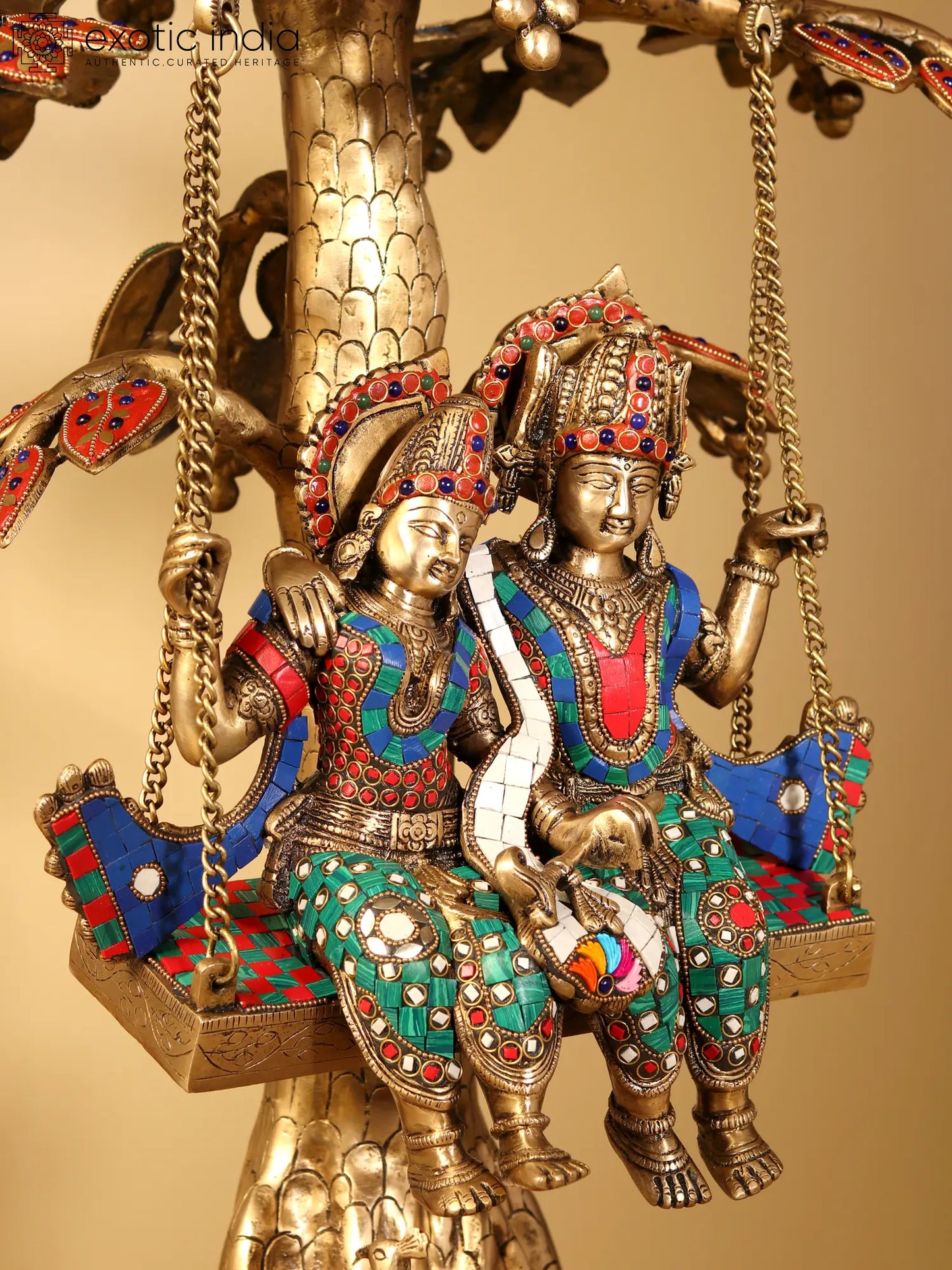 Brassaura® Radha Krishna Jhula Under Kadamba Tree | Brass with Inlay Work | Height 36 Inches & Weight 38 kgs