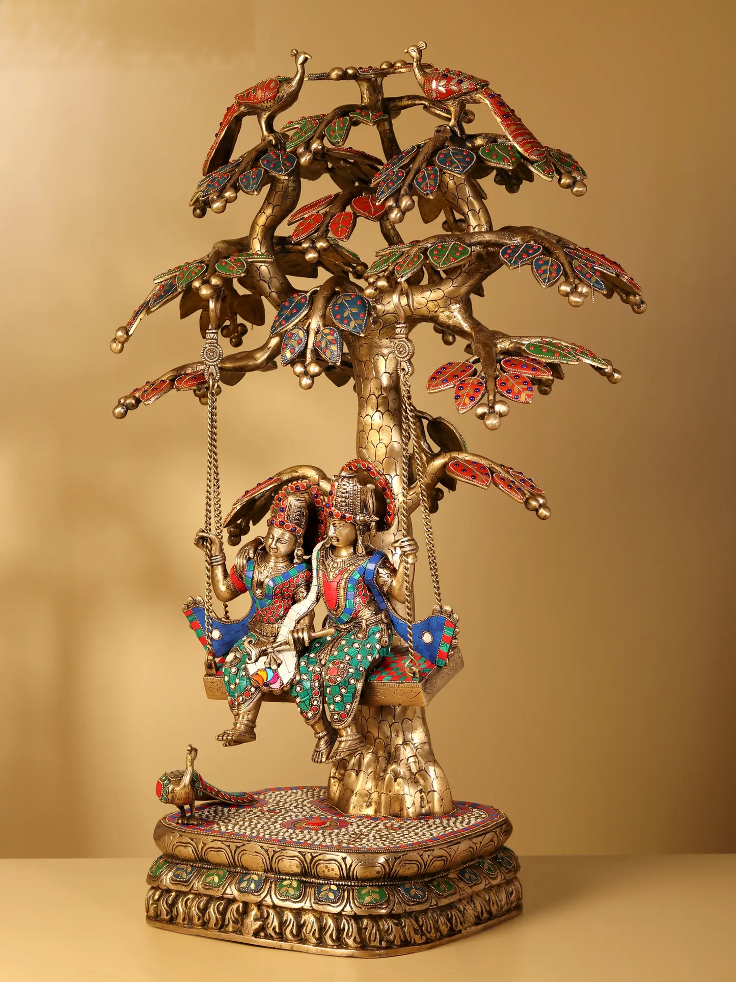 Brassaura® Radha Krishna Jhula Under Kadamba Tree | Brass with Inlay Work | Height 36 Inches & Weight 38 kgs