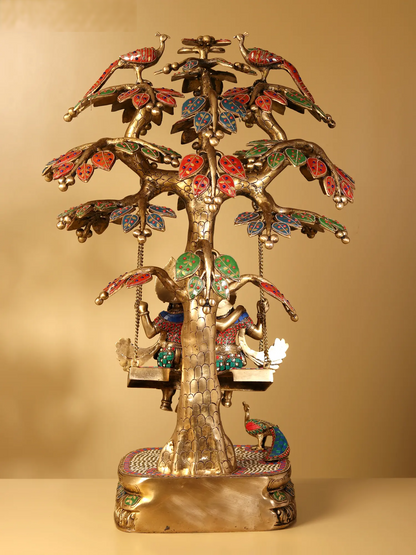 Brassaura® Radha Krishna Jhula Under Kadamba Tree | Brass with Inlay Work | Height 36 Inches & Weight 38 kgs