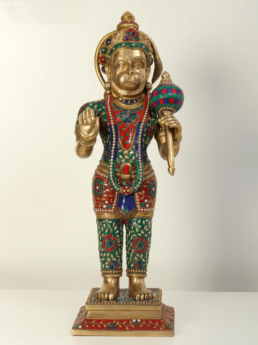 ब्रासुर्रा® जटिल जड़ाई के काम के साथ खड़ी हनुमान प्रतिमा | ऊँचाई 23.2 इंच और वज़न 13.85 किलोग्राम