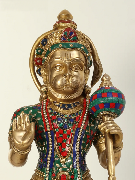 ब्रासुर्रा® जटिल जड़ाई के काम के साथ खड़ी हनुमान प्रतिमा | ऊँचाई 23.2 इंच और वज़न 13.85 किलोग्राम