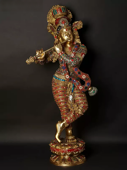 Brassaura® Brass Krishna Statue | Height 114.5 cm & Weight 50.50 kg
