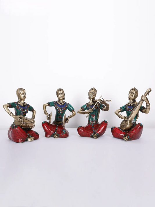 Brassaura® Set of 4 Musical Lady Figurines | Brass with Inlay Work | Height 11 Inches & Weight 19.55 kgs