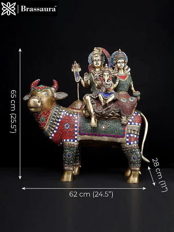 Brassaura® Brass Shiva Family on Nandi Statue with Inlay Work | Height 26 Inches & Weight 33.60 kg