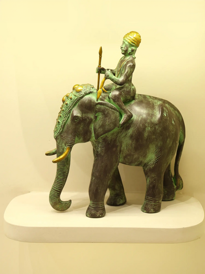 ब्रासोरा® हाथी पर आदिवासी सवार | एंटीक फ़िनिश ब्रास मूर्तिकला | ऊंचाई 16.5 इंच और वज़न 11.35 किग्रा