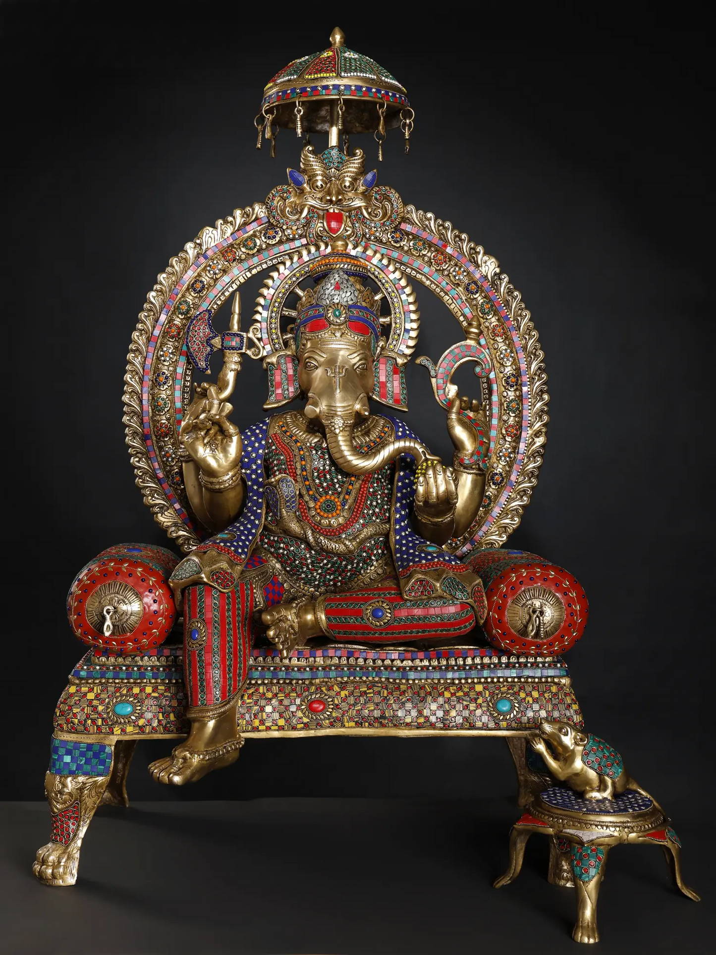 Brassaura™ Big Sitting Throne Brass Ganesha Statue with Inlay Work | Height 46 Inches & Weight 95.15 kgs