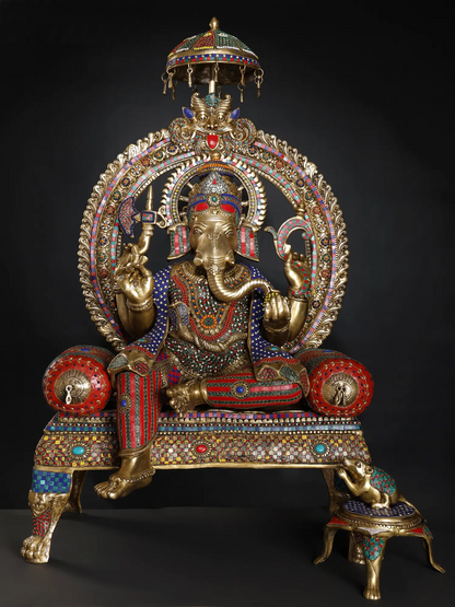 Brassaura™ Big Sitting Throne Brass Ganesha Statue with Inlay Work | Height 46 Inches & Weight 95.15 kgs