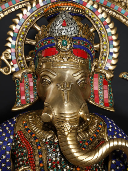 Brassaura™ Big Sitting Throne Brass Ganesha Statue with Inlay Work | Height 46 Inches & Weight 95.15 kgs