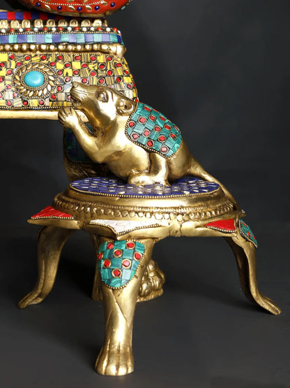 Brassaura™ Big Sitting Throne Brass Ganesha Statue with Inlay Work | Height 46 Inches & Weight 95.15 kgs