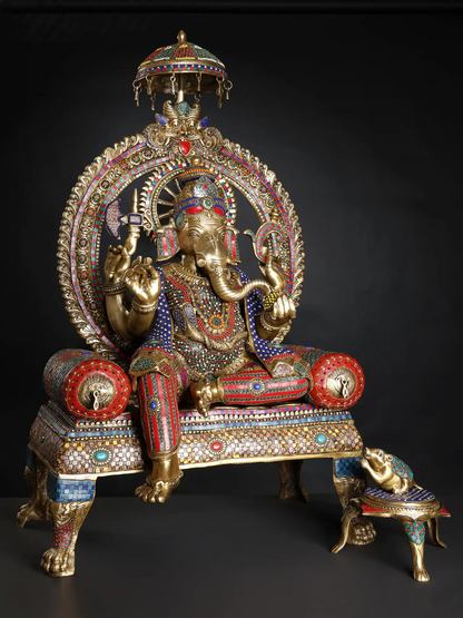 Brassaura™ Big Sitting Throne Brass Ganesha Statue with Inlay Work | Height 46 Inches & Weight 95.15 kgs