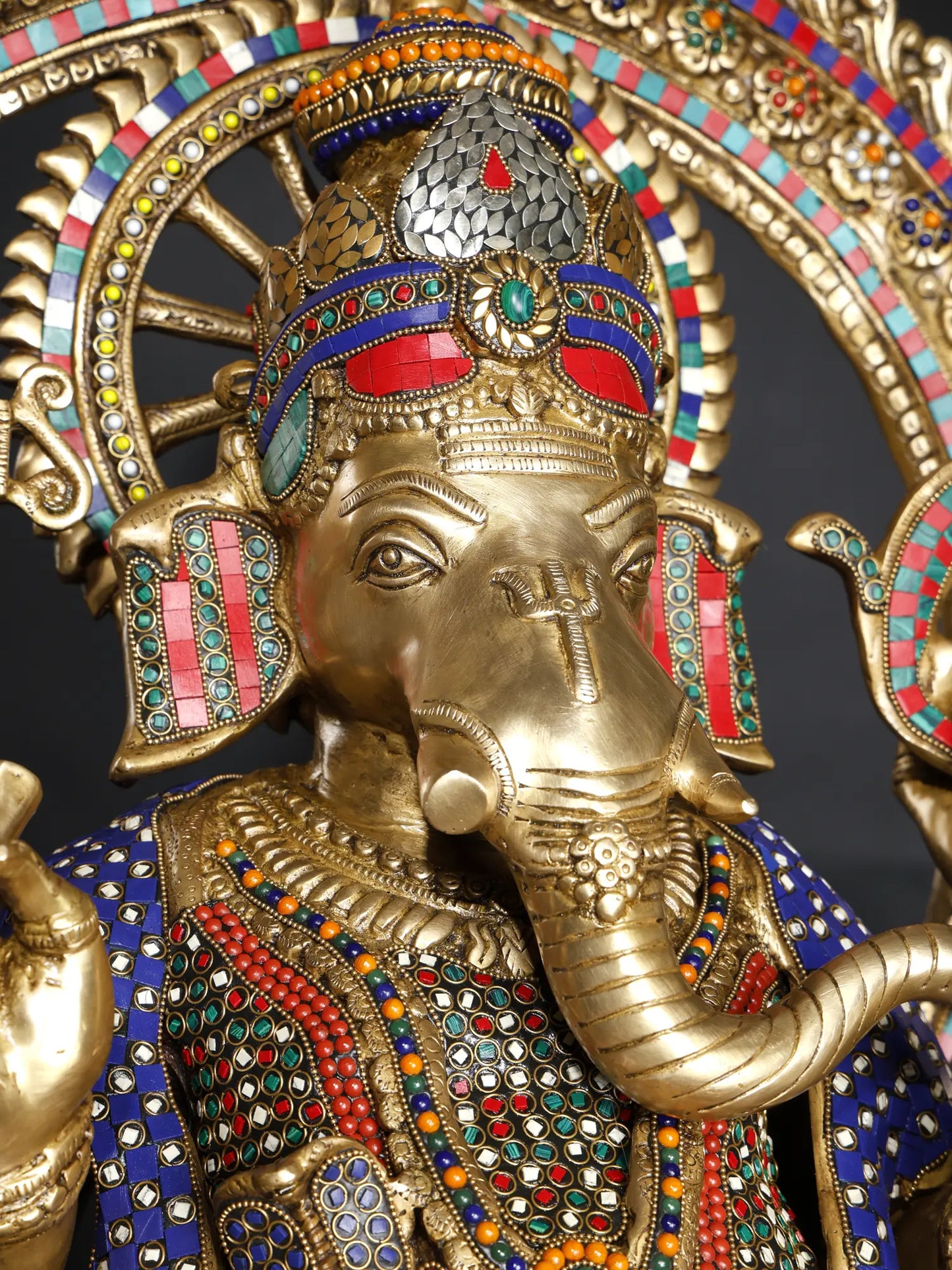 Brassaura™ Big Sitting Throne Brass Ganesha Statue with Inlay Work | Height 46 Inches & Weight 95.15 kgs