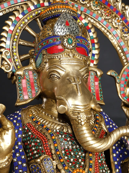 Brassaura™ Big Sitting Throne Brass Ganesha Statue with Inlay Work | Height 46 Inches & Weight 95.15 kgs