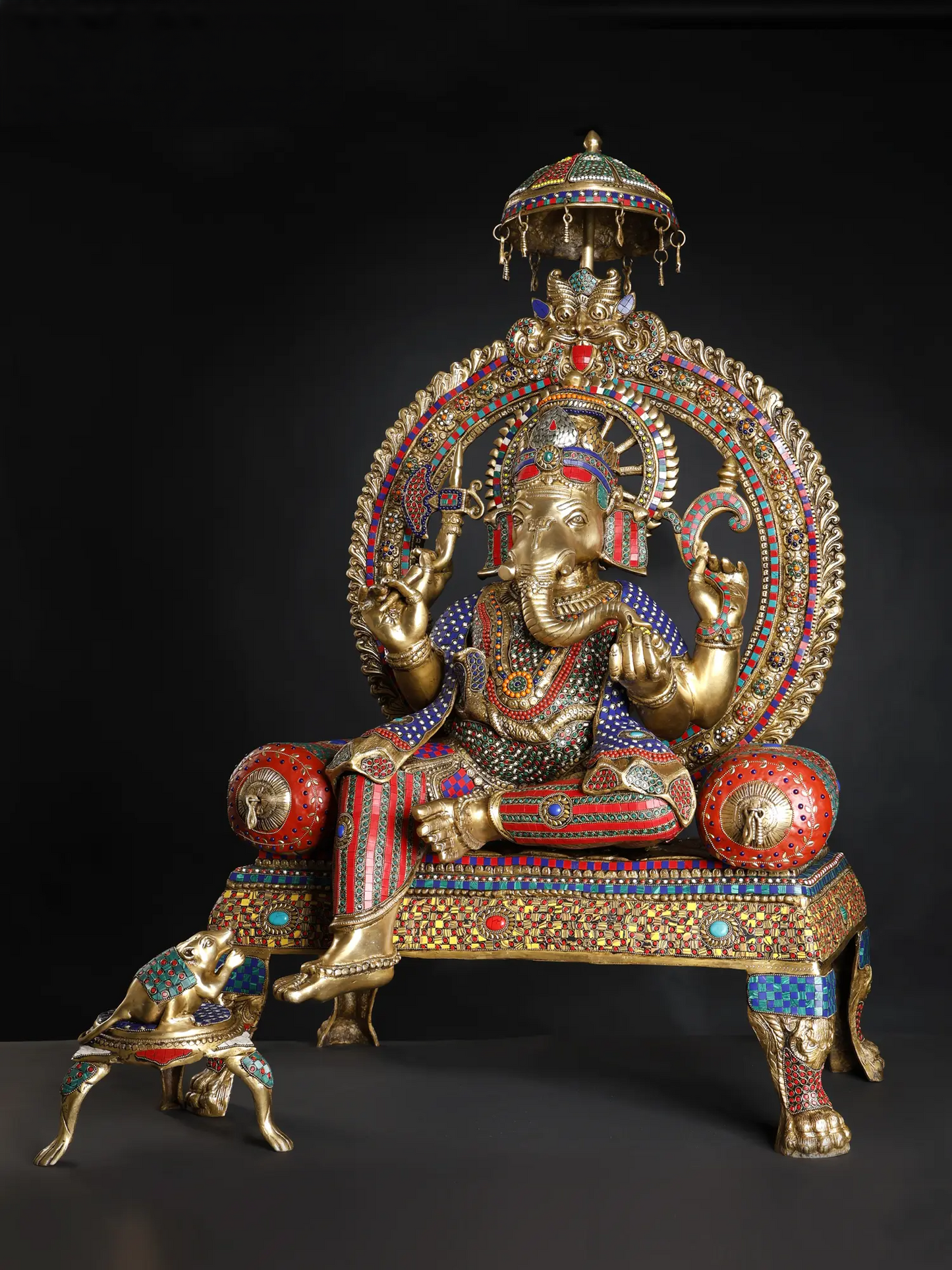 Brassaura™ Big Sitting Throne Brass Ganesha Statue with Inlay Work | Height 46 Inches & Weight 95.15 kgs