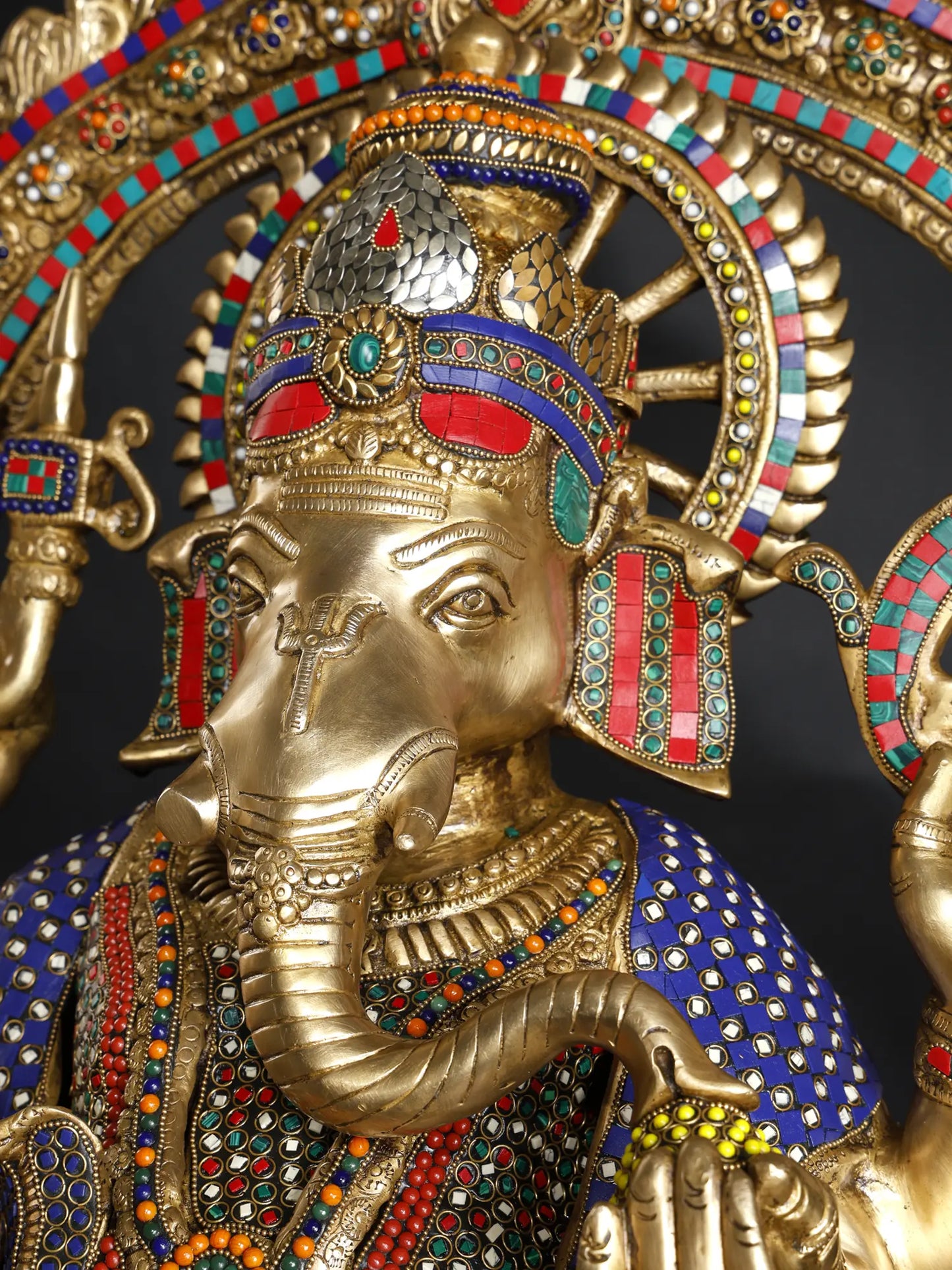 Brassaura™ Big Sitting Throne Brass Ganesha Statue with Inlay Work | Height 46 Inches & Weight 95.15 kgs