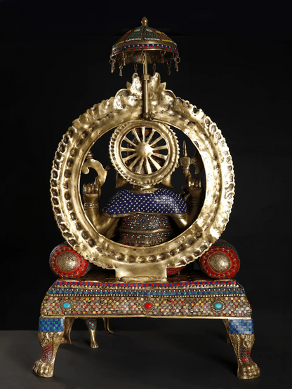 Brassaura™ Big Sitting Throne Brass Ganesha Statue with Inlay Work | Height 46 Inches & Weight 95.15 kgs