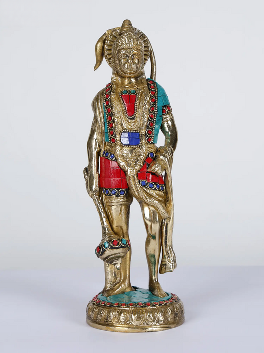 ब्रासौरा® हनुमान खड़े पीतल की मूर्ति जड़ाई के काम के साथ | ऊंचाई 10 इंच और वज़न 2.45 किलोग्राम