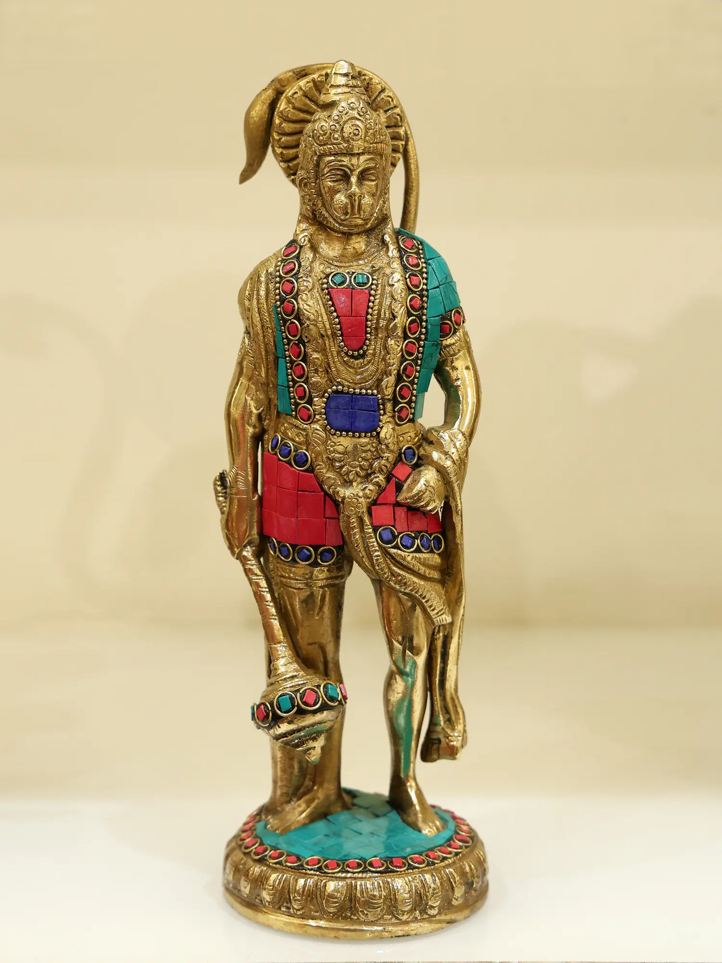 Brassaura® Hanuman Standing Brass Statue with Inlay Work | Height 10 Inches & Weight 2.45 kgs