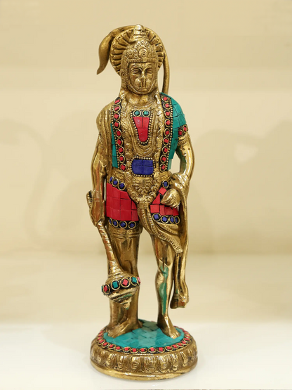 Brassaura® Hanuman Standing Brass Statue with Inlay Work | Height 10 Inches & Weight 2.45 kgs