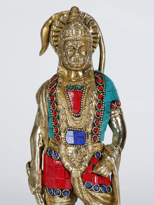 ब्रासौरा® हनुमान खड़े पीतल की मूर्ति जड़ाई के काम के साथ | ऊंचाई 10 इंच और वज़न 2.45 किलोग्राम