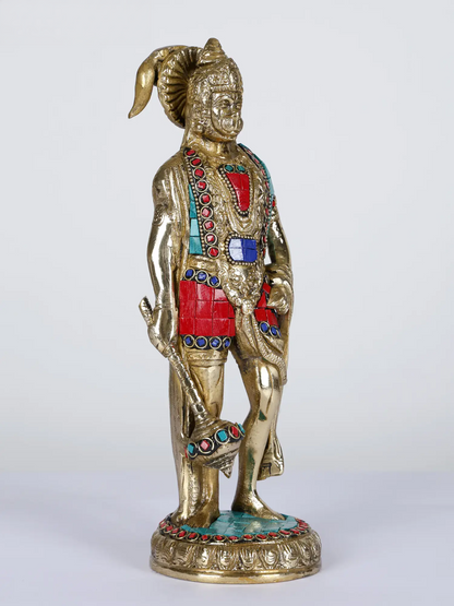 Brassaura® Hanuman Standing Brass Statue with Inlay Work | Height 10 Inches & Weight 2.45 kgs