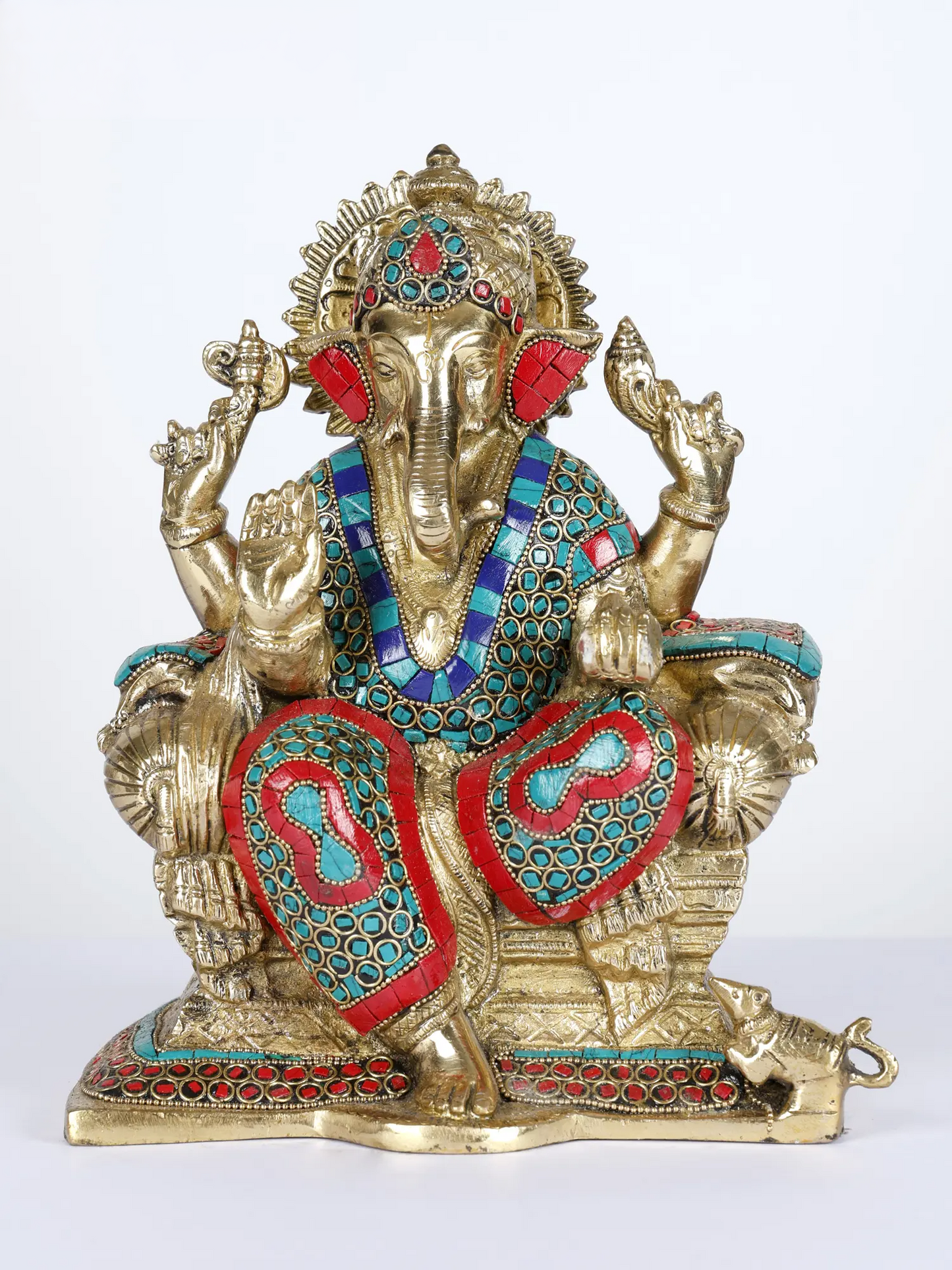 Brassaura™ Brass Ganesha Statue with Inlay Work | Height 9 Inches & Weight 4.95 kgs