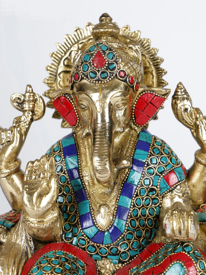 Brassaura™ Brass Ganesha Statue with Inlay Work | Height 9 Inches & Weight 4.95 kgs
