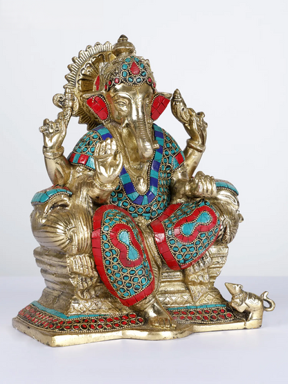 Brassaura™ Brass Ganesha Statue with Inlay Work | Height 9 Inches & Weight 4.95 kgs