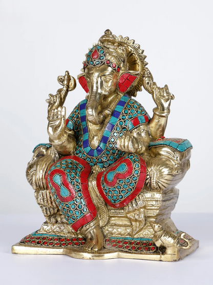 Brassaura™ Brass Ganesha Statue with Inlay Work | Height 9 Inches & Weight 4.95 kgs