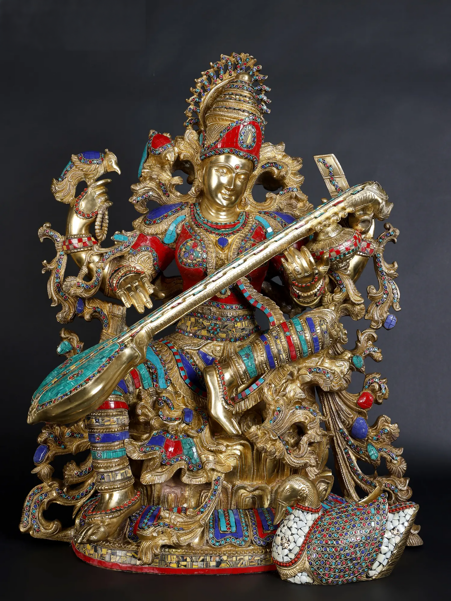 Brassaura® Goddess Saraswati Playing Veena | Brass with Intricate Inlay Work | Height 33 Inches