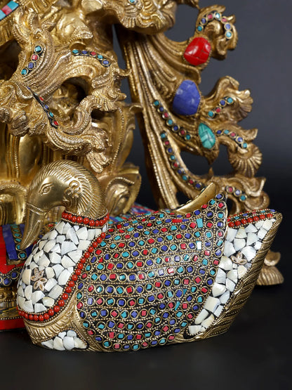 Brassaura® Goddess Saraswati Playing Veena | Brass with Intricate Inlay Work | Height 33 Inches