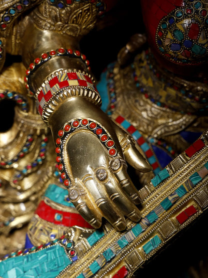 Brassaura® Goddess Saraswati Playing Veena | Brass with Intricate Inlay Work | Height 33 Inches