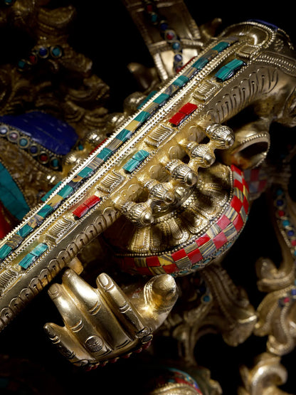 Brassaura® Goddess Saraswati Playing Veena | Brass with Intricate Inlay Work | Height 33 Inches