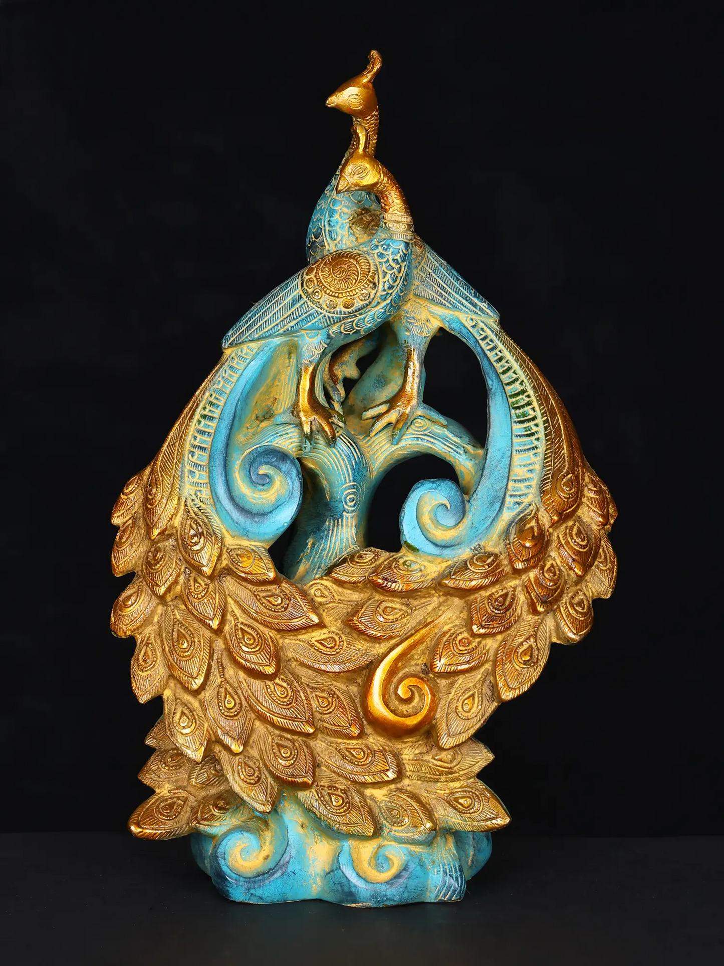 ब्रैसौरा® नीला और सुनहरा मोर सजावटी मूर्ति | पीतल कला मूर्तिकला | ऊंचाई 12 इंच और वज़न 3.65 किलोग्राम