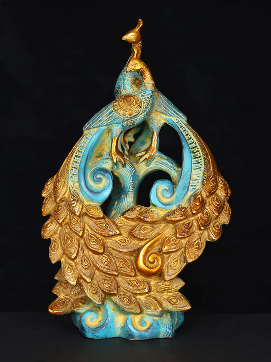 ब्रैसौरा® नीला और सुनहरा मोर सजावटी मूर्ति | पीतल कला मूर्तिकला | ऊंचाई 12 इंच और वज़न 3.65 किलोग्राम