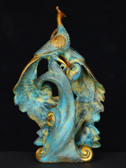 ब्रैसौरा® नीला और सुनहरा मोर सजावटी मूर्ति | पीतल कला मूर्तिकला | ऊंचाई 12 इंच और वज़न 3.65 किलोग्राम