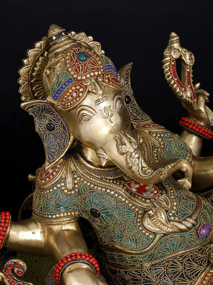Brassaura™ Brass Ganesha Statue with Inlay Work | Height 16 Inches & Weight 35.60 kgs