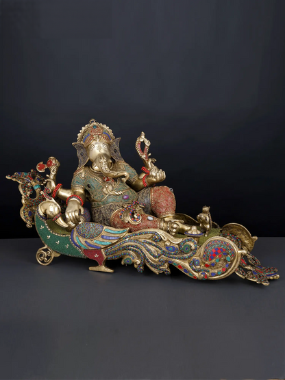 Brassaura™ Brass Ganesha Statue with Inlay Work | Height 16 Inches & Weight 35.60 kgs