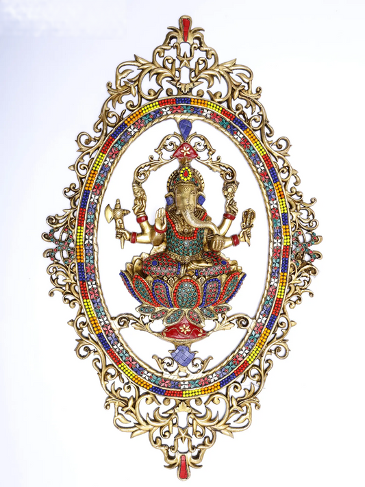 Brassaura® Sitting Ganesha on Lotus Wall Hanging | Brass with Meenakari Inlay Work | Height 30 Inches & Weight 10.50 kgs