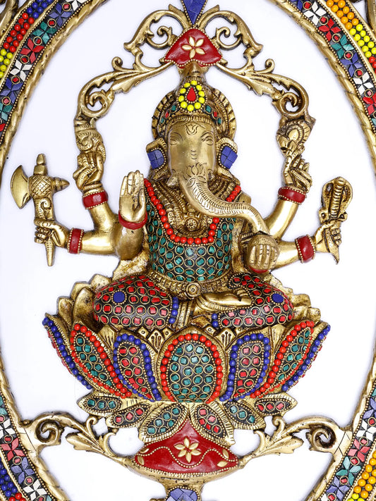 Brassaura® Sitting Ganesha on Lotus Wall Hanging | Brass with Meenakari Inlay Work | Height 30 Inches & Weight 10.50 kgs