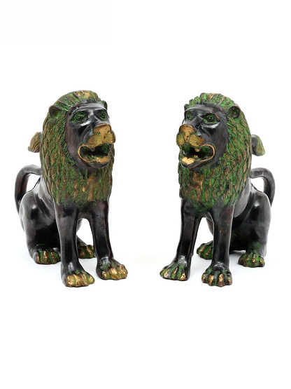 Brassaura® Pair of Royal Guardian Lions | Brass with Antique Green Patina Finish | Height 13.6 Inches | Weight: 20.25 kgs