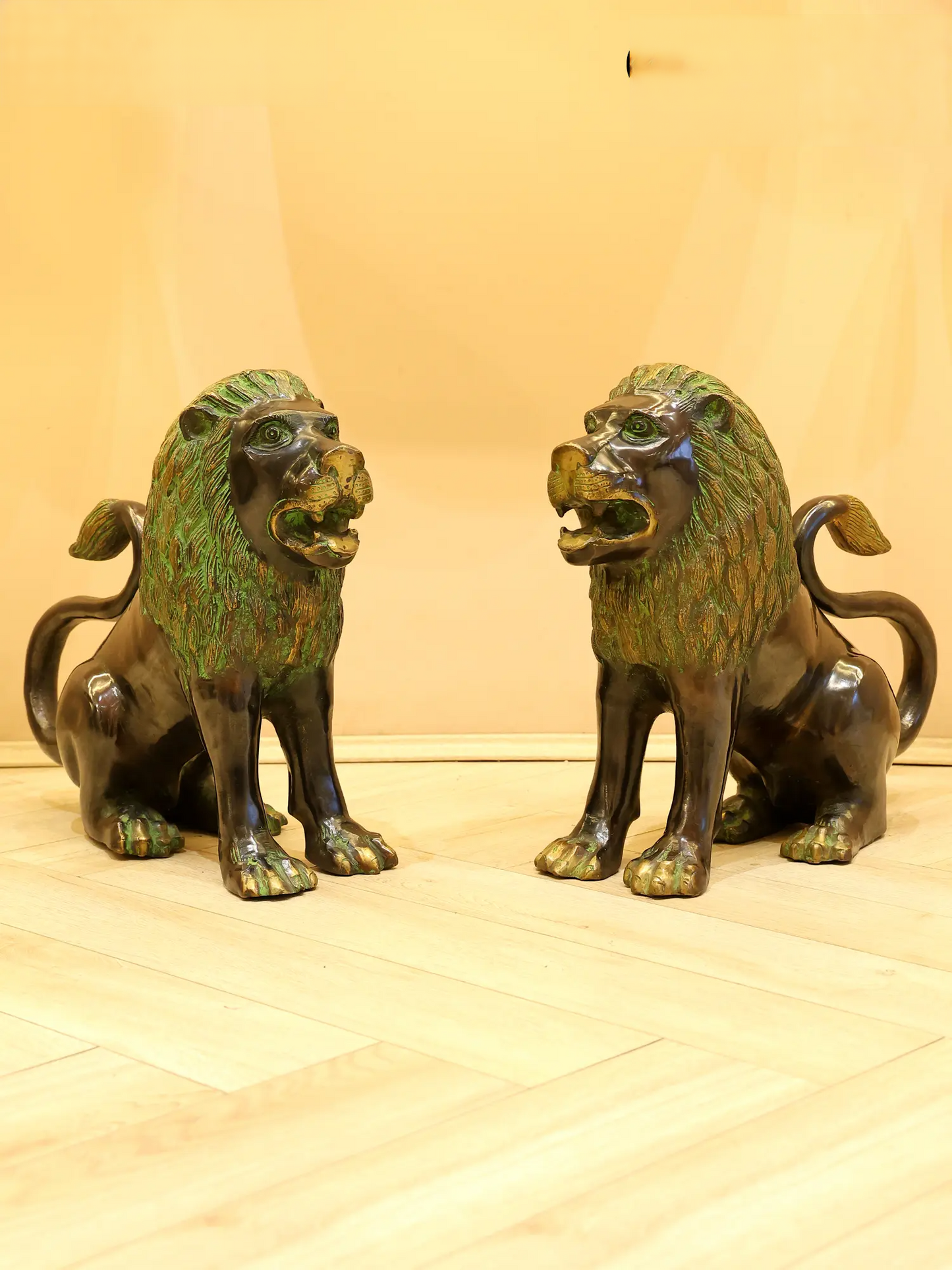 Brassaura® Pair of Royal Guardian Lions | Brass with Antique Green Patina Finish | Height 13.6 Inches | Weight: 20.25 kgs