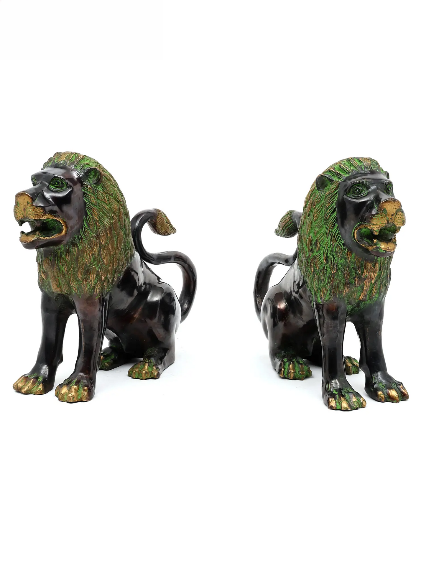 Brassaura® Pair of Royal Guardian Lions | Brass with Antique Green Patina Finish | Height 13.6 Inches | Weight: 20.25 kgs