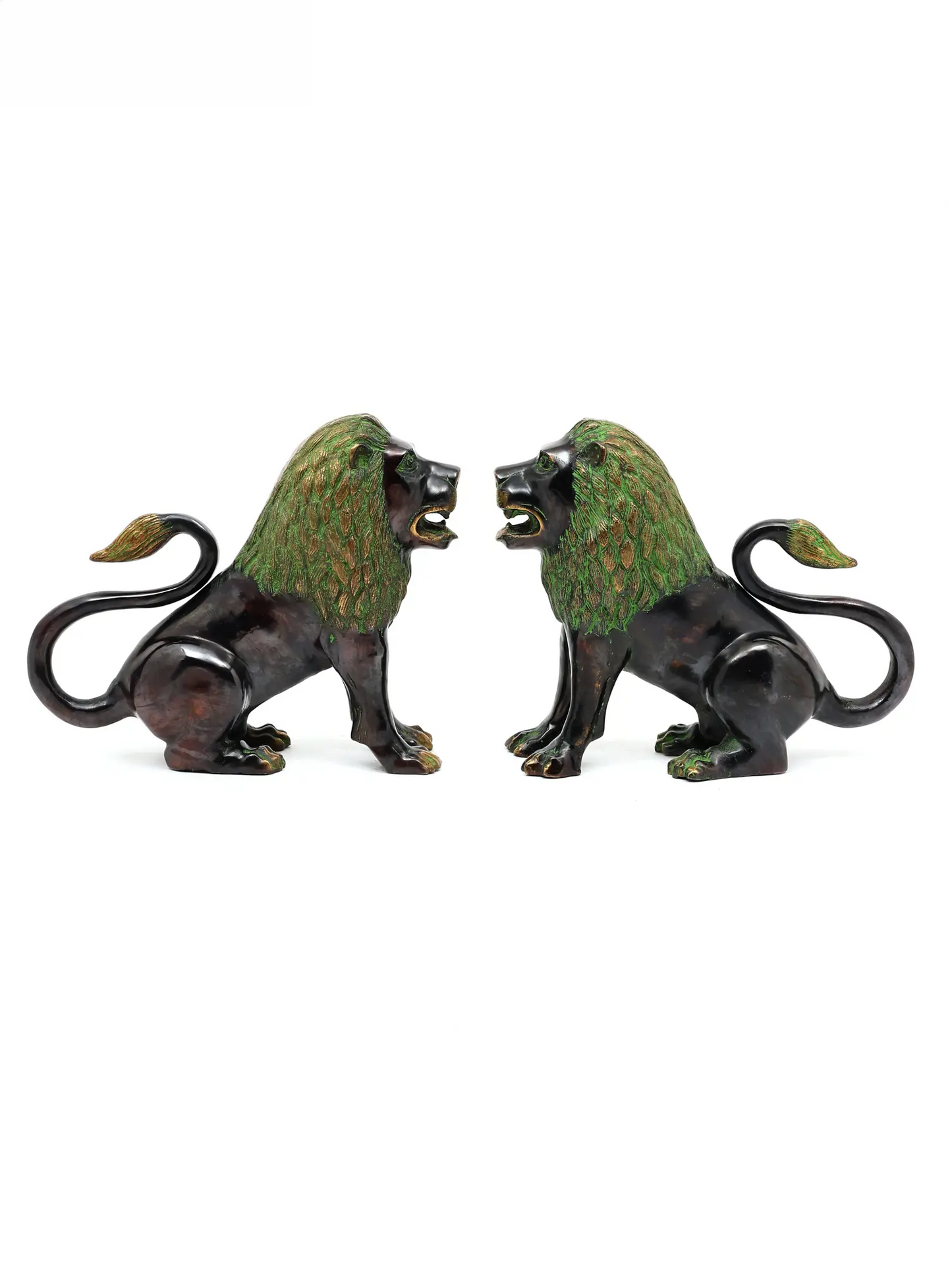 Brassaura® Pair of Royal Guardian Lions | Brass with Antique Green Patina Finish | Height 13.6 Inches | Weight: 20.25 kgs