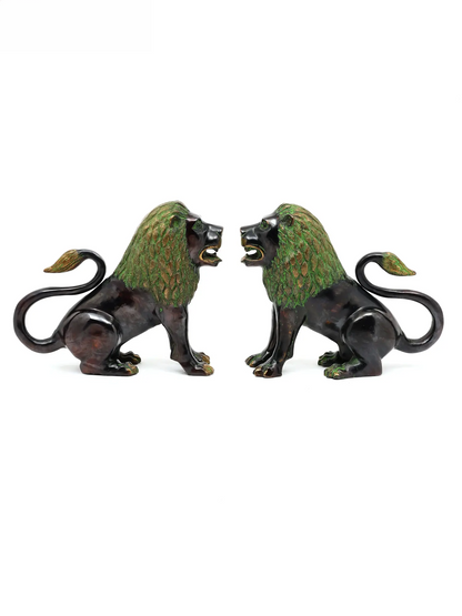 Brassaura® Pair of Royal Guardian Lions | Brass with Antique Green Patina Finish | Height 13.6 Inches | Weight: 20.25 kgs