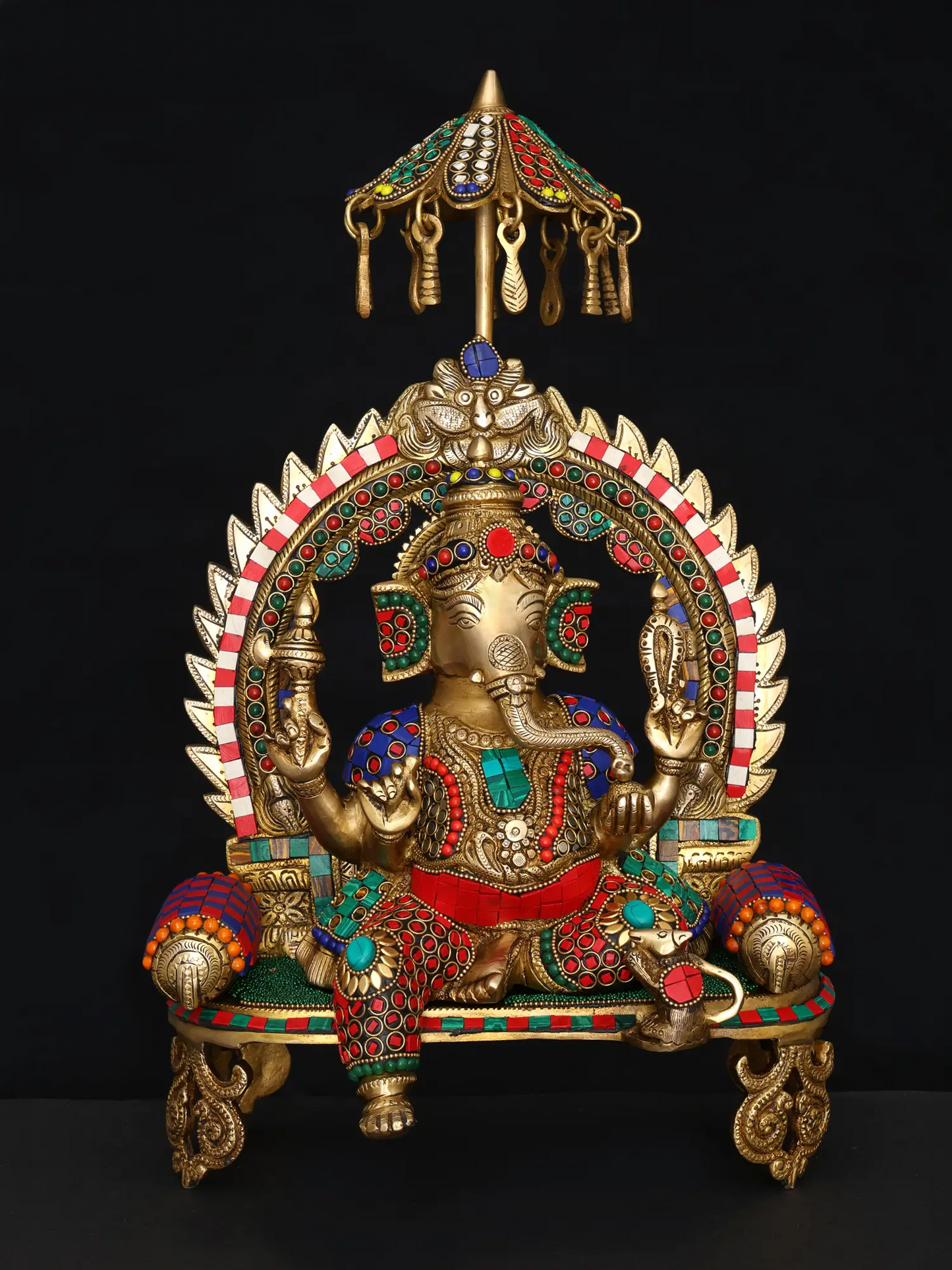 Brassaura™ Brass Ganesha Statue with Multi Stonework & Inlay Work | Height 17 Inches & Weight 8.09 kgs