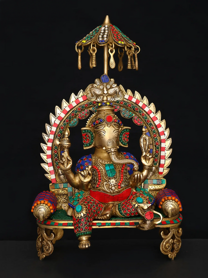 Brassaura™ Brass Ganesha Statue with Multi Stonework & Inlay Work | Height 17 Inches & Weight 8.09 kgs