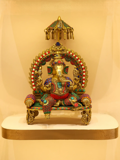 Brassaura™ Brass Ganesha Statue with Multi Stonework & Inlay Work | Height 17 Inches & Weight 8.09 kgs