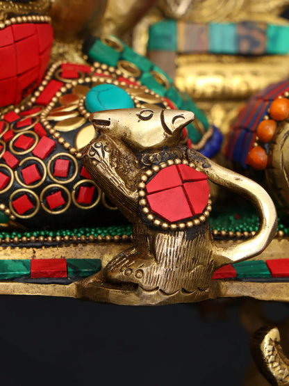 Brassaura™ Brass Ganesha Statue with Multi Stonework & Inlay Work | Height 17 Inches & Weight 8.09 kgs