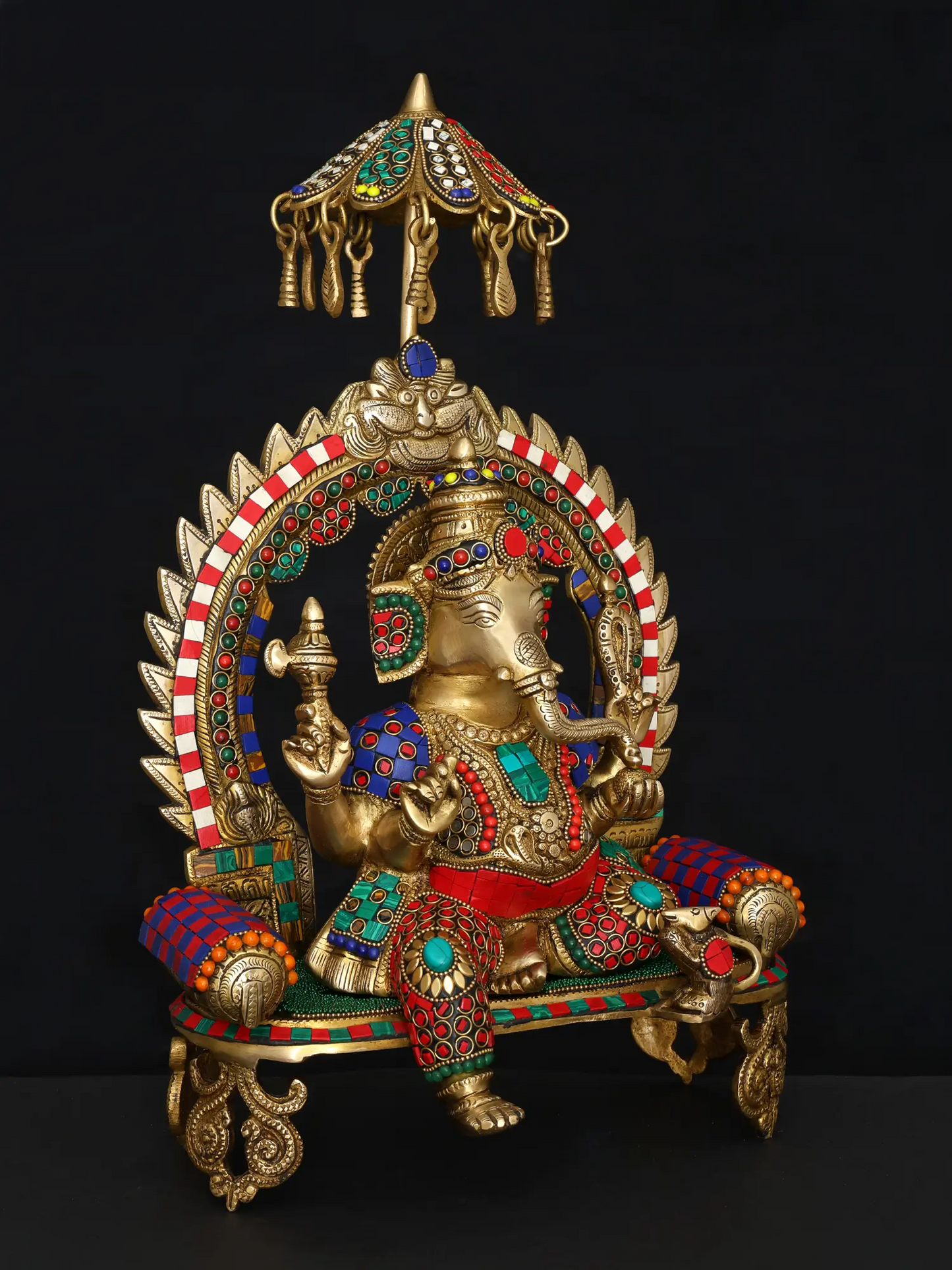 Brassaura™ Brass Ganesha Statue with Multi Stonework & Inlay Work | Height 17 Inches & Weight 8.09 kgs