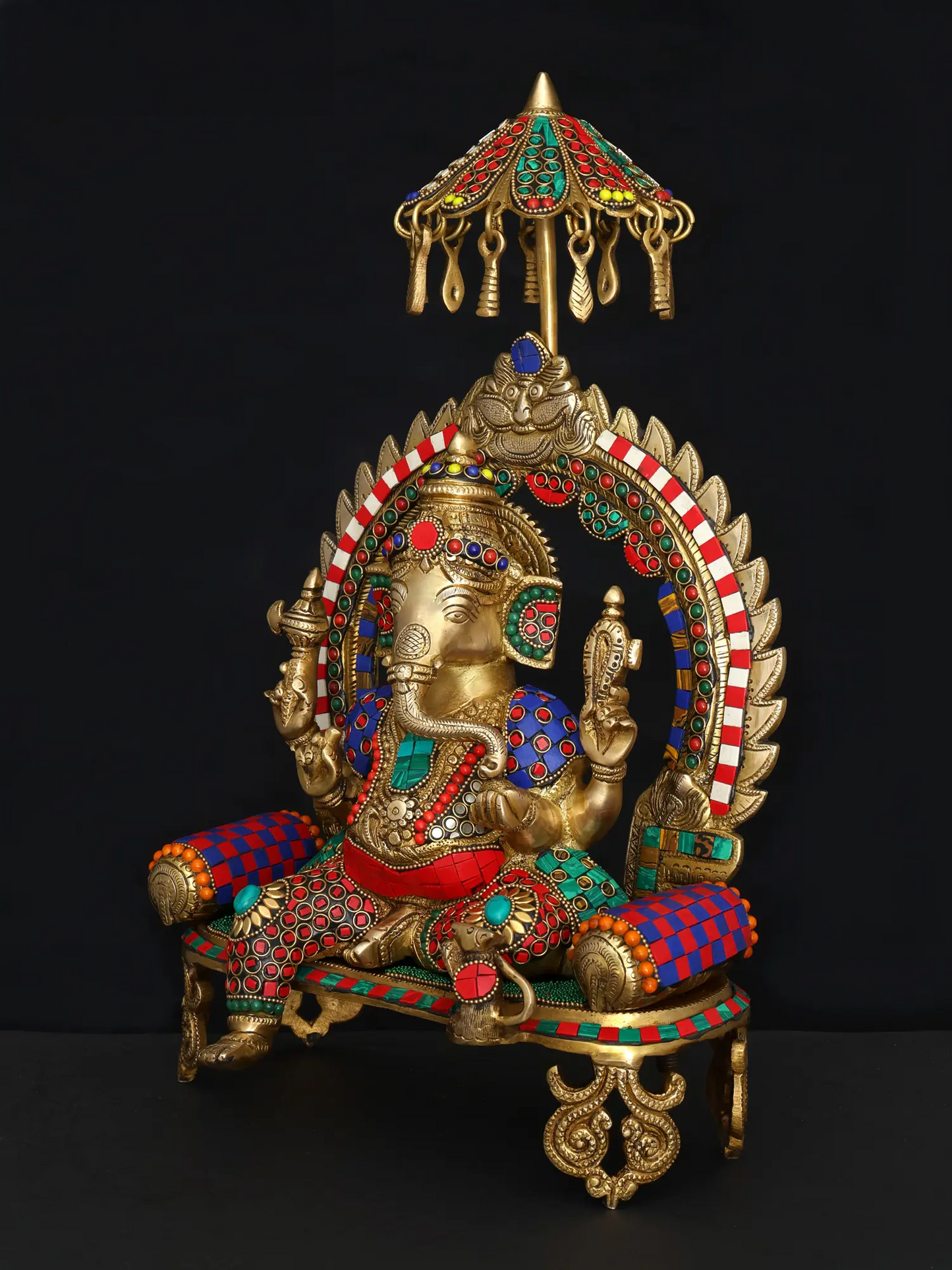 Brassaura™ Brass Ganesha Statue with Multi Stonework & Inlay Work | Height 17 Inches & Weight 8.09 kgs